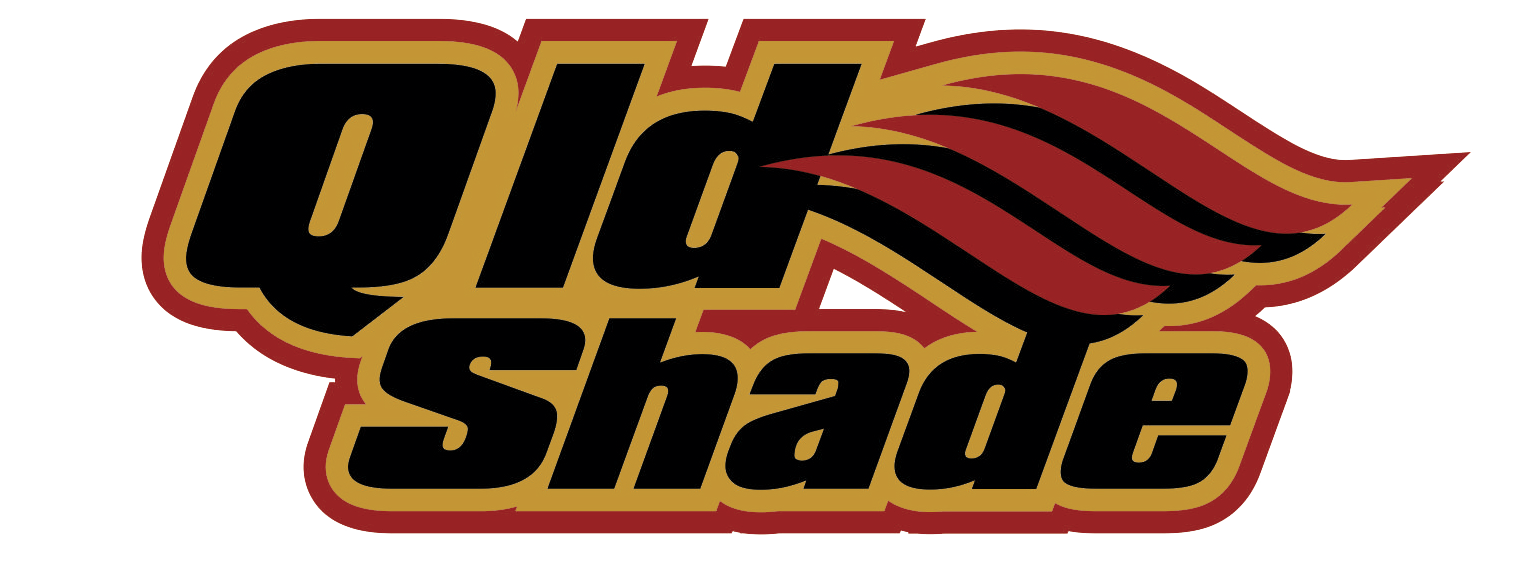 Logo displaying the text "Qld Shade" with stylized maroon and yellow wave graphics extending from the letter "d".