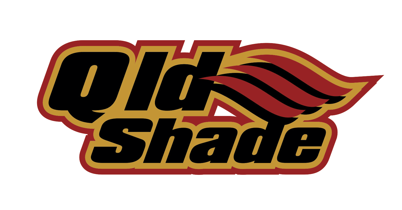 A logo featuring the text "Qld Shade" in bold black and red font with stylized red and yellow waves extending from the letter "d".