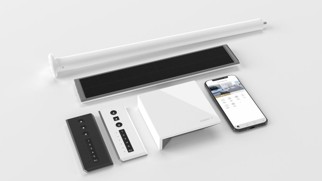 Various smart home devices, including a remote control, a wall switch, a hub, motorized blinds with a tubular motor, a solar panel, and a smartphone displaying an app, arranged on a white background.