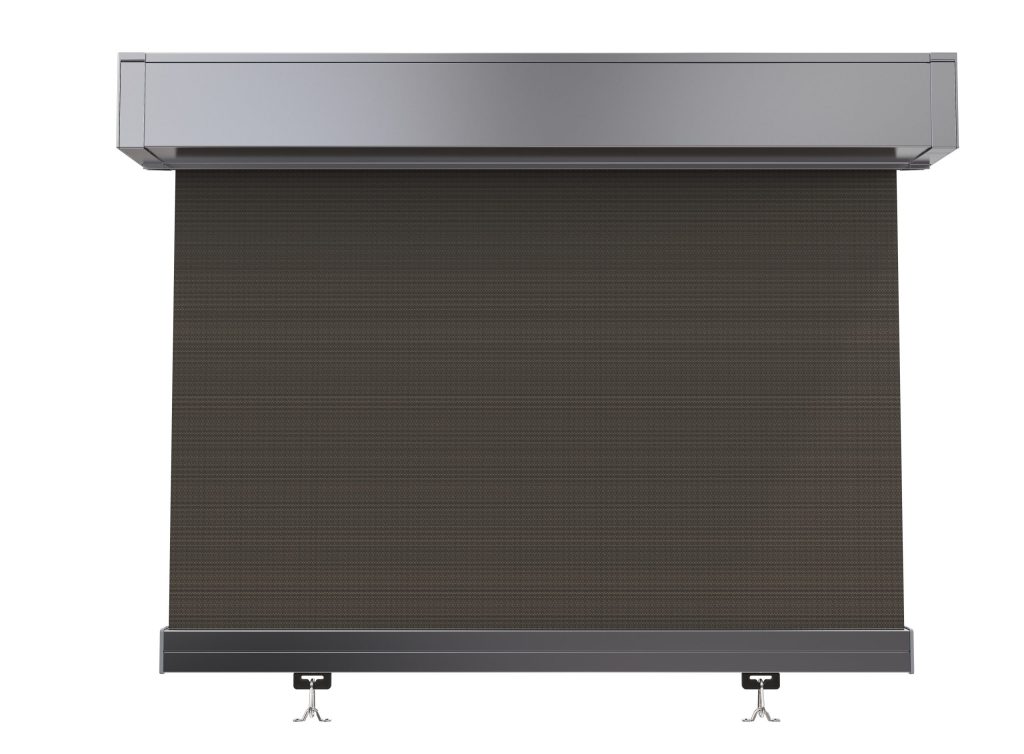 A dark brown retractable window shade with a silver housing mounted at the top and two hooks at the bottom corners for securing.