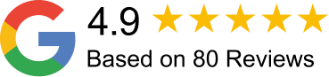 Google logo on the left, followed by five yellow stars in a row representing a five-star rating.