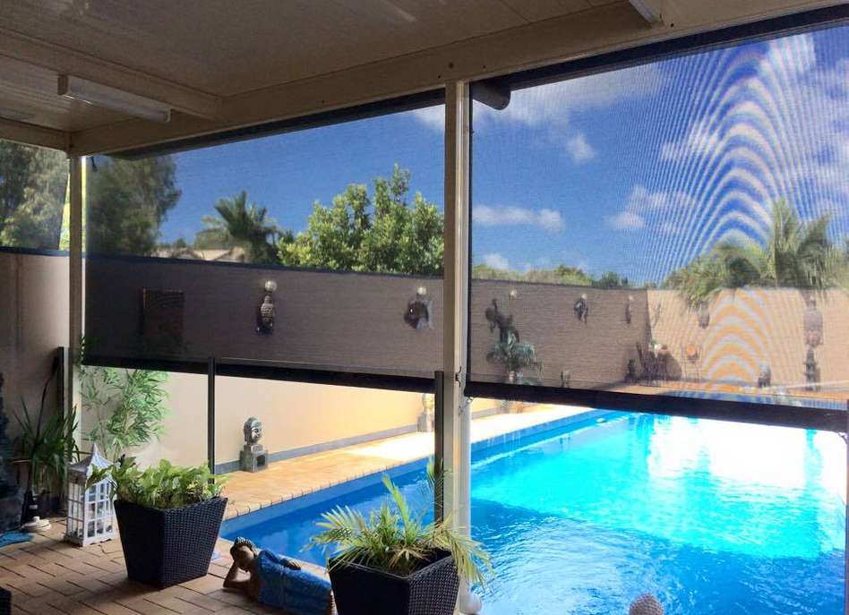 A covered patio area adjacent to a swimming pool, partially enclosed with mesh screens and outdoor blinds Brisbane. The scene includes potted plants and statues, with trees visible beyond the enclosure.