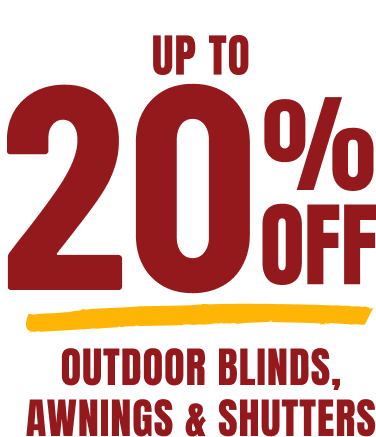 Text reading "UP TO 20% OFF" in large red letters with a yellow underline. Below, in smaller red text: "OUTDOOR BLINDS BRISBANE, AWNINGS & SHUTTERS." The background is white.