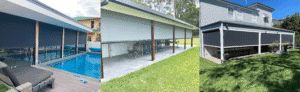 Three outdoor settings featuring retractable roller blinds: by a pool, on a patio, and enclosing a veranda at a residential home.