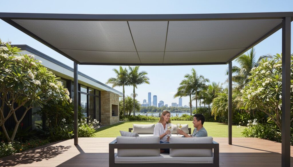 Two people sit on an outdoor sofa under a modern pergola, holding drinks, with a city skyline and palm trees in the background on a sunny day.