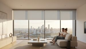 Two people sit on a sofa in a modern living room with large floor-to-ceiling windows overlooking a city skyline at sunset.