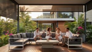 Four adults sit on a modern patio, talking and drinking together on gray outdoor sofas, with plants and a contemporary house in the background.