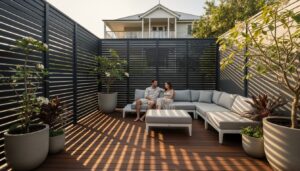 A couple sits on a gray outdoor sectional sofa in a private patio with wooden decking, large potted plants, and black slatted privacy screens.