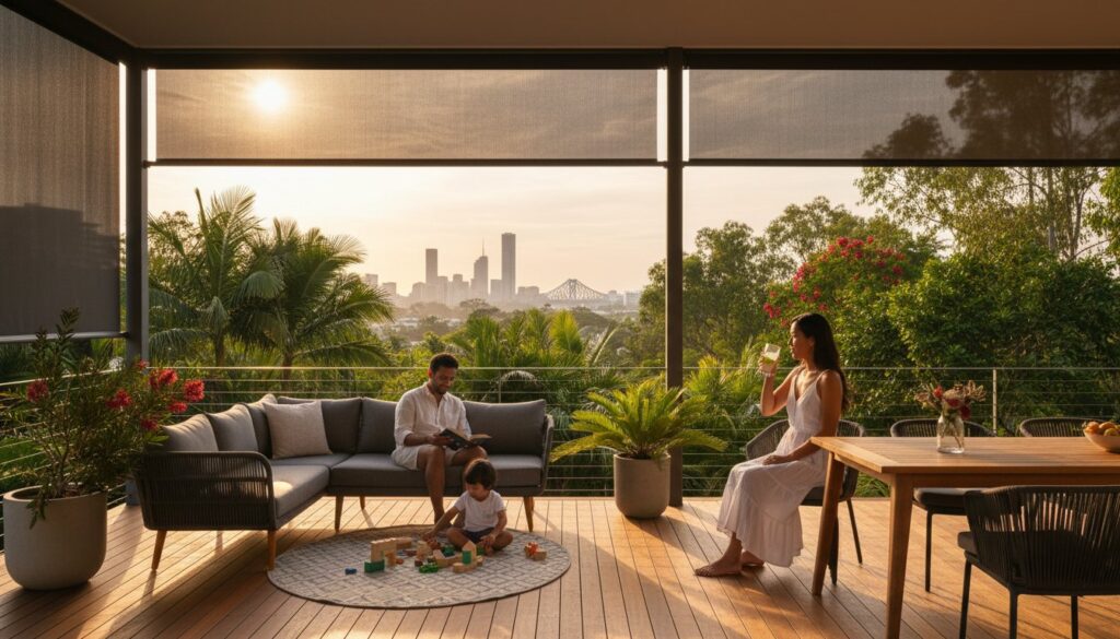 A family relaxes on a modern outdoor patio with city skyline views at sunset; a child plays on the floor while adults sit and enjoy drinks.