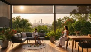 A family relaxes on a modern outdoor patio with city skyline views at sunset; a child plays on the floor while adults sit and enjoy drinks.
