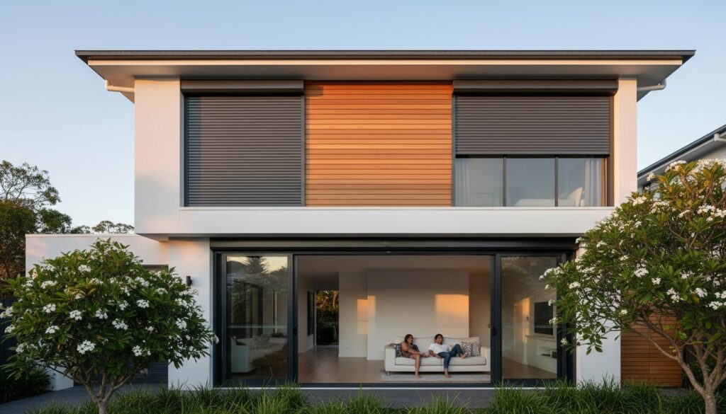 A modern two-story house with large windows, sliding glass doors, and two people sitting on a sofa inside, surrounded by greenery and flowering trees.