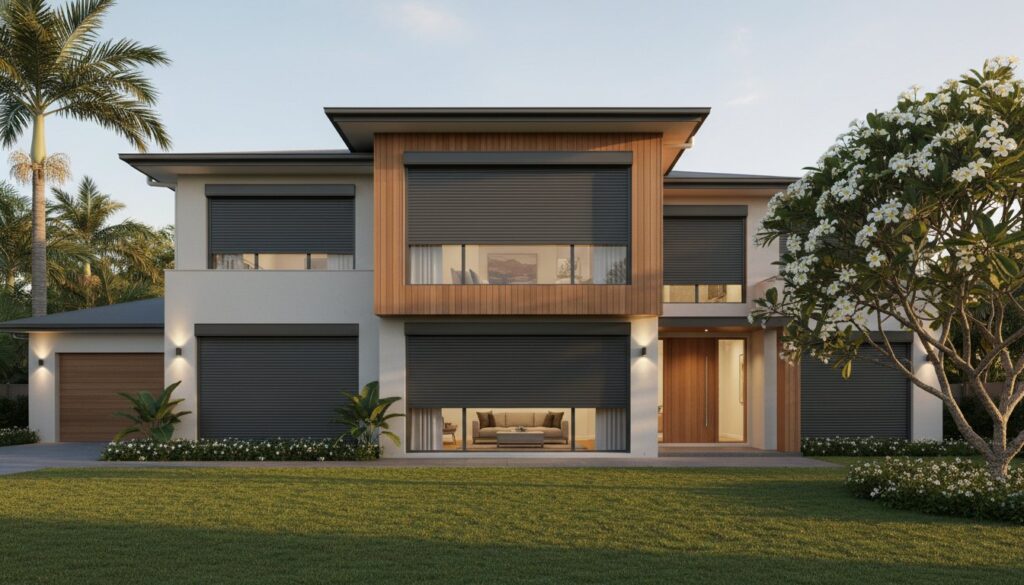 Modern two-story house with large windows covered by black roller shutters, wood and white exterior accents, surrounded by green lawn, palm trees, and flowering plants.