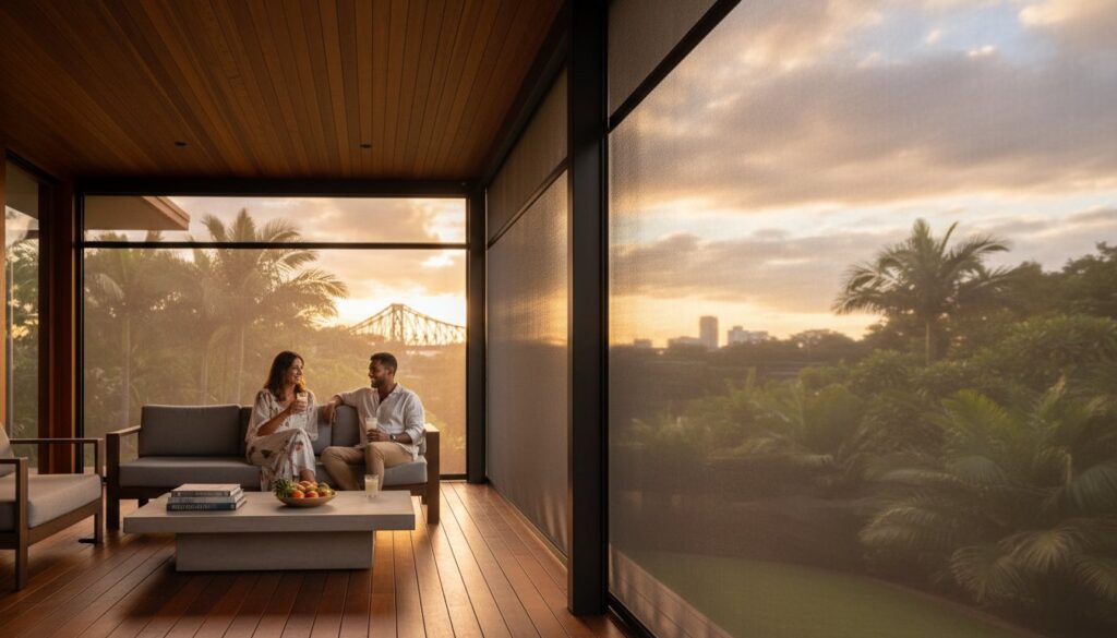 A couple sits on a modern veranda with wooden flooring, talking at sunset. Large windows reveal palm trees and a distant bridge against a partly cloudy sky.