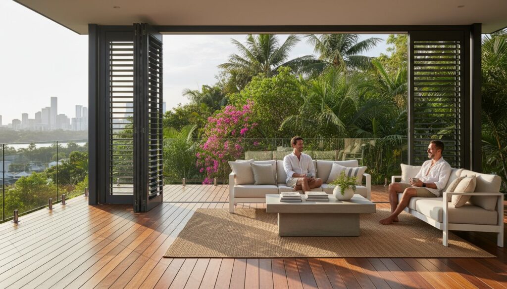 Two men sit on outdoor sofas on a wooden deck, surrounded by lush greenery and city skyline in the background, with large open sliding doors.