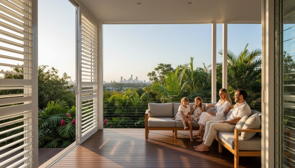 A family of four sits on outdoor sofas on a modern deck surrounded by plants, with a city skyline visible in the distance during sunset.