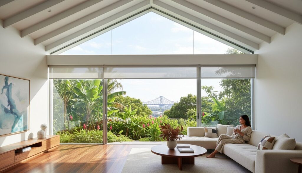 A woman sits on a modern sofa in a bright living room with large windows overlooking lush greenery and a distant bridge.