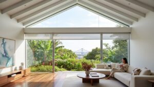 A woman sits on a modern sofa in a bright living room with large windows overlooking lush greenery and a distant bridge.