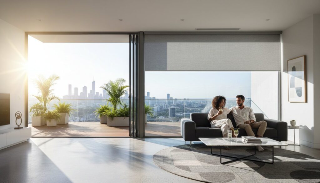 A couple sits on a sofa in a modern living room with large windows, city skyline views, potted plants, and sunlight streaming in from a terrace.