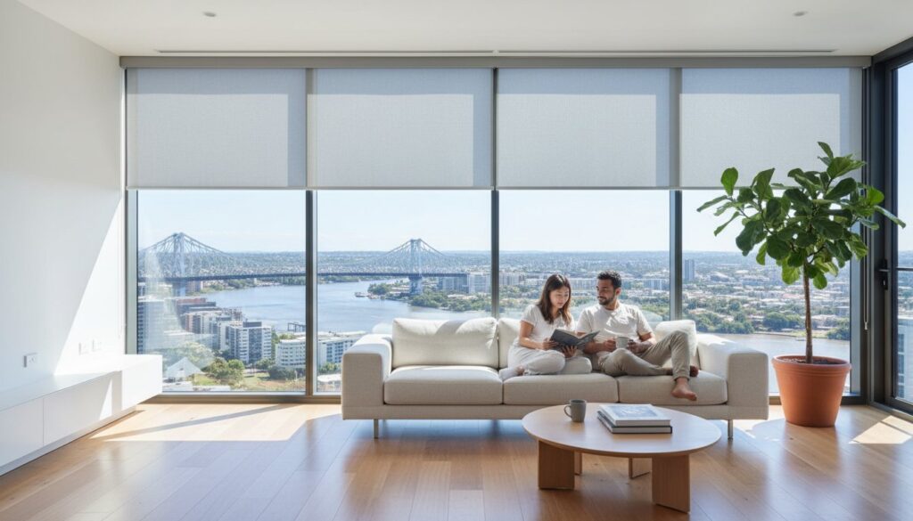 A couple sits on a sofa in a modern living room with large windows overlooking a cityscape and a river with a bridge.