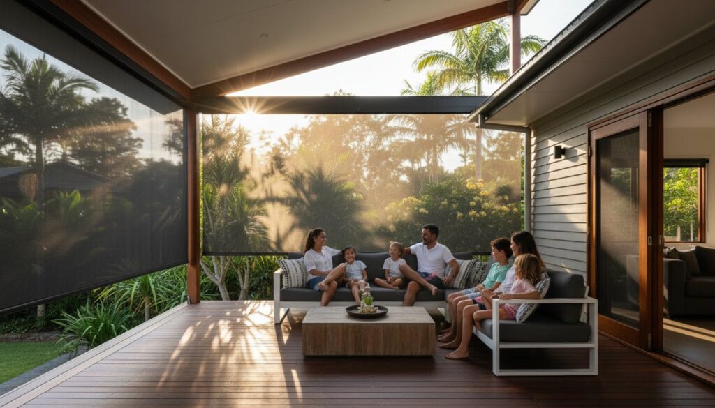 A family of seven sits and talks together on a modern covered patio with wooden flooring, surrounded by lush greenery in the late afternoon sunlight.