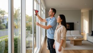 A man uses a power tool on a large window while a woman stands beside him in a bright, modern living room.