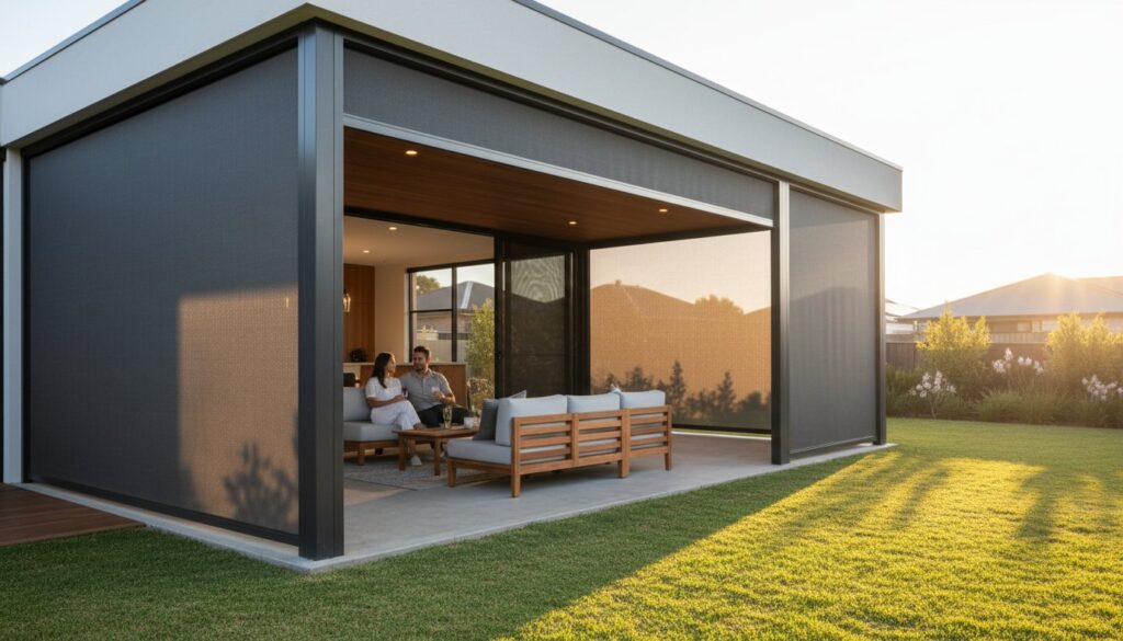 A modern patio with mesh screens shows three people sitting and talking on outdoor furniture, surrounded by a well-maintained lawn in the evening light.