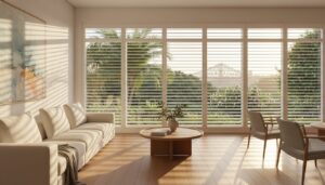 A modern living room with a beige sofa, round wooden coffee table, and chairs, featuring large windows with blinds overlooking a garden with palm trees.