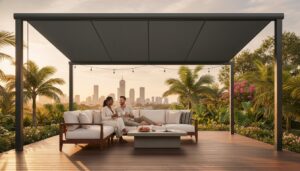 A couple sits on outdoor furniture under a modern pergola, drinking coffee on a wooden deck with city skyline and palm trees in the background.