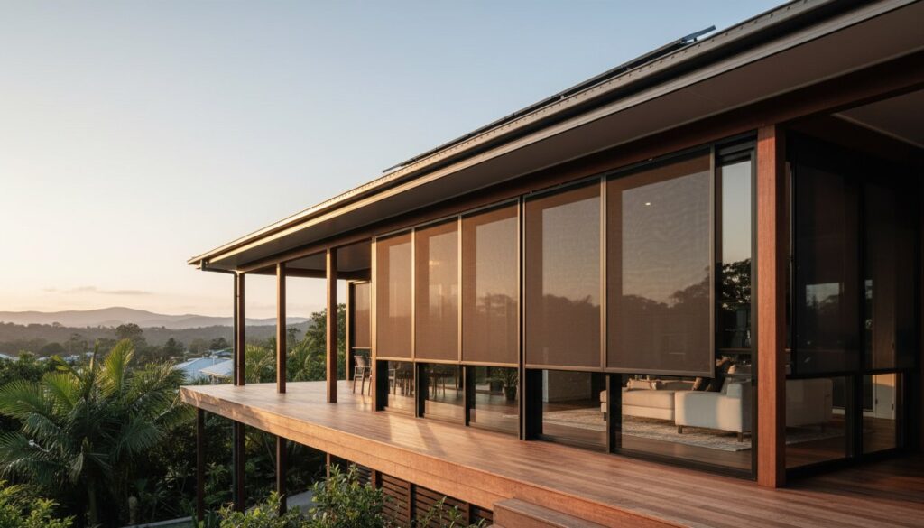 Modern house with large glass windows and wooden deck, surrounded by greenery, photographed at sunset.