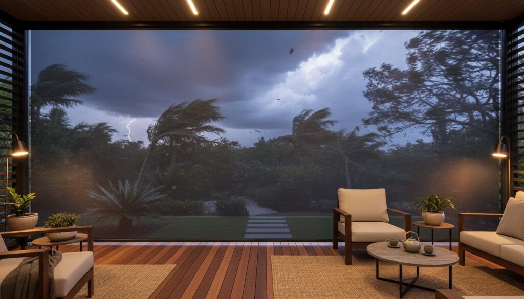 Covered patio with modern outdoor furniture overlooks a garden as a storm with strong winds and lightning occurs outside.