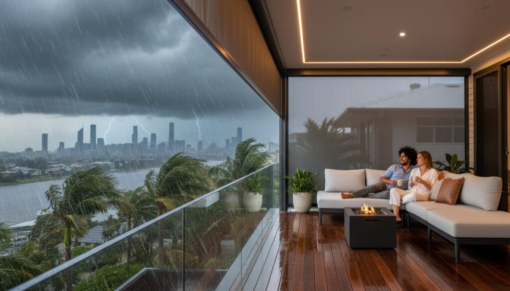 A couple sits on a covered patio watching a storm with rain and lightning over a city skyline, while sitting near a small fire pit.