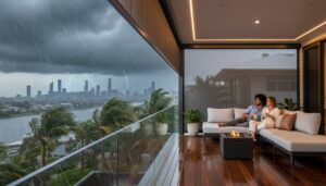 A couple sits on a covered patio watching a storm with rain and lightning over a city skyline, while sitting near a small fire pit.