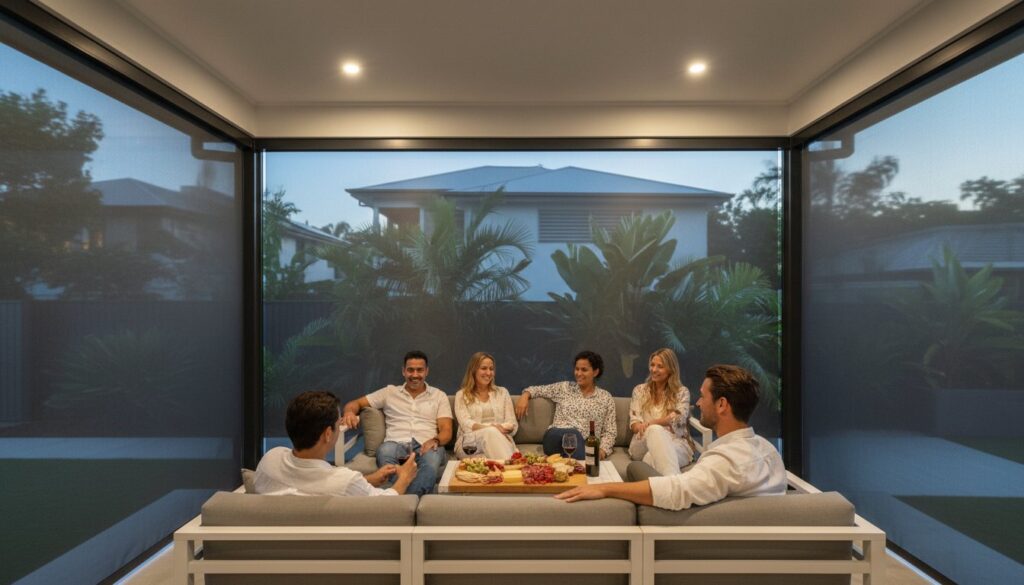Six people sit on a patio sofa around a table with snacks, under a covered outdoor area with mesh screens, during early evening.