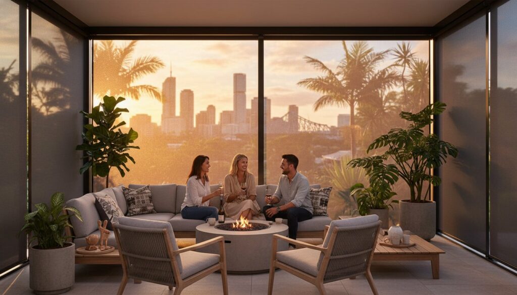 Three people sit around a fire pit on a modern patio, talking and holding drinks, with a city skyline and palm trees visible at sunset through large windows.