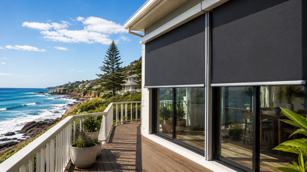 Modern house with large windows and black outdoor blinds on a wooden deck overlooking a coastal landscape with ocean and cliffs.