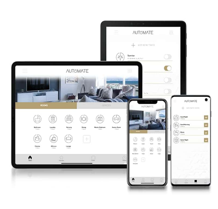 Four devices display a smart home automation app interface, showing room controls and various settings on tablets and smartphones.