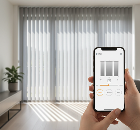 A person uses a smartphone app to control vertical blinds in a bright living room with a plant and a large window.
