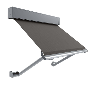 A modern retractable awning with a dark fabric shade is extended from a wall-mounted metal frame.