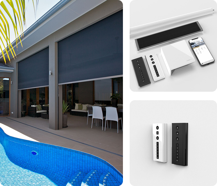 Three large outdoor roller blinds by a pool, shown with matching motorized control panels, remote, and smartphone app.