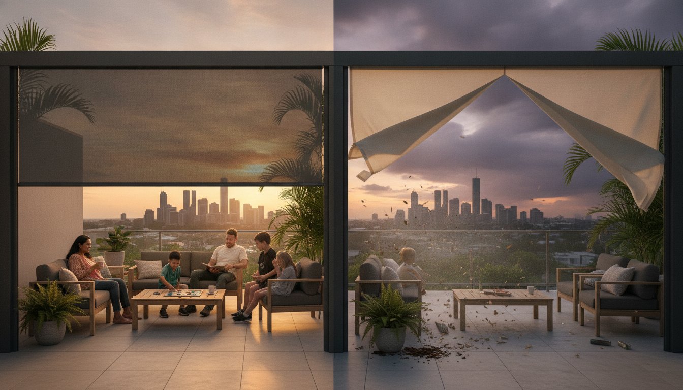 A family sits on a rooftop terrace with a city skyline view; the left side shows calm weather at sunset, while the right side depicts a windy, stormy evening.