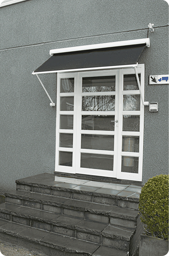 A modern glass door with a black awning, set on a gray building with black tiled steps leading up to the entrance. A small green shrub sits by the stairs.