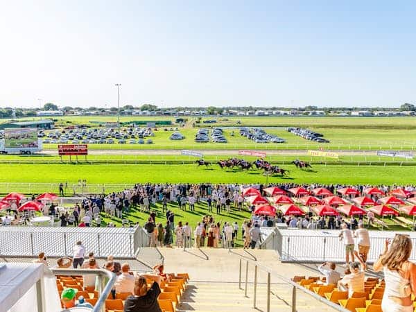 Crowds watch a horse race at the Ascot racecourse, with parked cars in the background and rows of red umbrellas on the lawn.