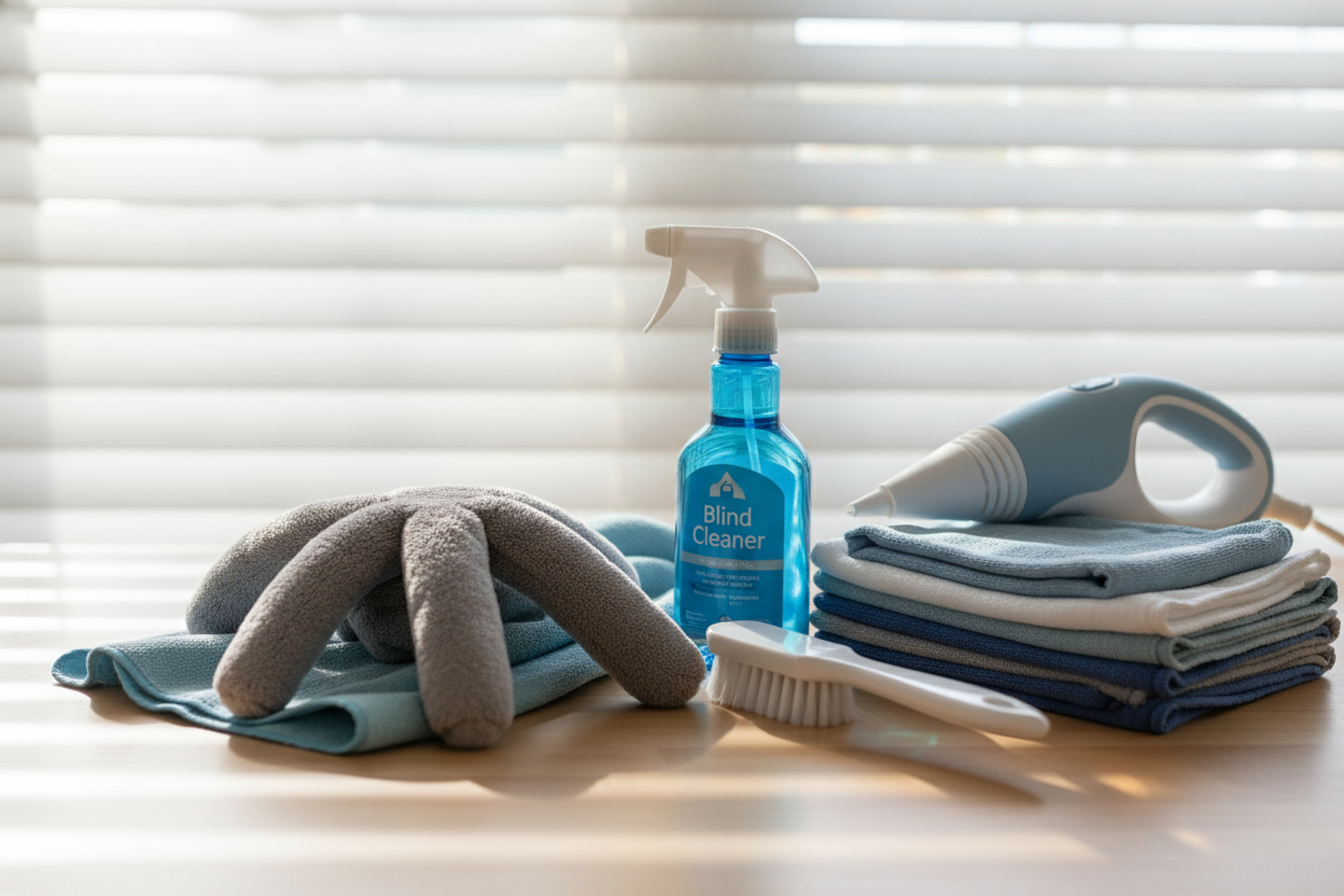 A blue spray bottle labeled "Blind Cleaner," cleaning cloths, a brush, a glove, and a handheld cleaning device on a wooden surface near window blinds.