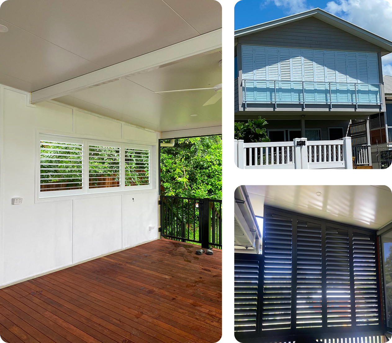 Three images show white louvered shutters installed on windows and a balcony, viewed from both inside and outside a modern home with a covered wooden deck.