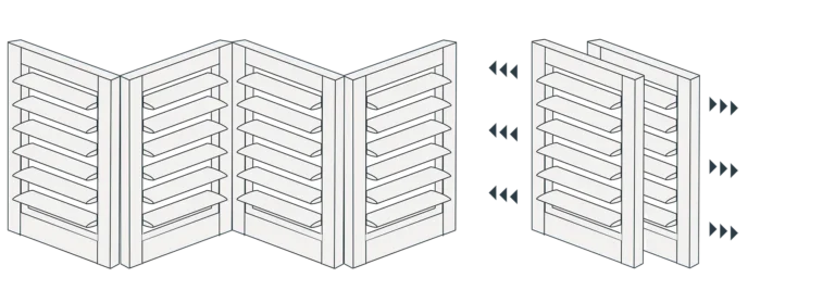 Diagram showing folding shutters on the left and sliding shutters on the right, with arrows indicating their movement directions.