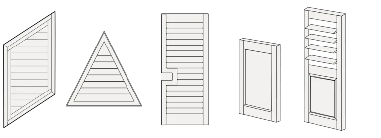 Five different window shutter designs are shown, including rectangular, triangular, louvered, solid panel, and combination styles, each illustrated in a simple black-and-white line drawing.