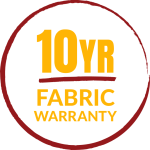 10 Year Fabric Warranty" text within a circular design featuring a red border, perfect for Outdoor Blinds in Brisbane.