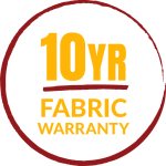 10 Year Fabric Warranty in circular design with red border.