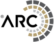 ARC logo with bold black letters and circular gold, silver design.