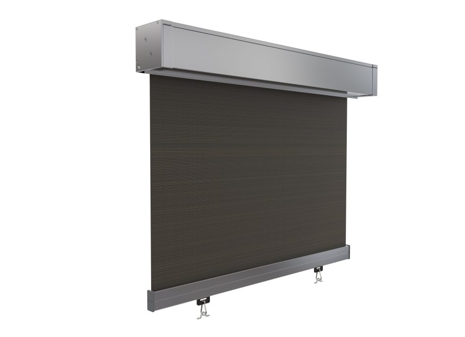 A retractable fabric screen with a silver casing, designed to roll down vertically. The screen is partially extended, showing the black fabric and two attachments at the bottom for securing it.
